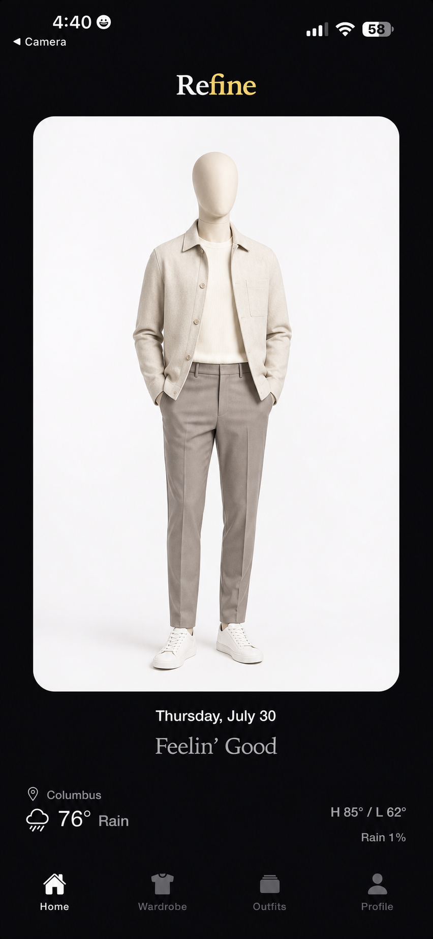 Refine app home screen showing a neutral outfit recommendation